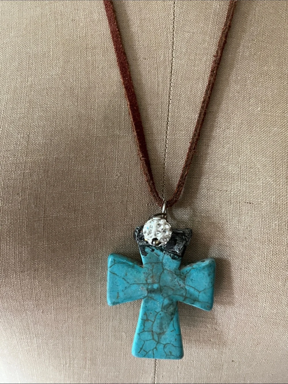 Turquoise look Howlite Cross Pendant Necklace on Brown Suede Cord